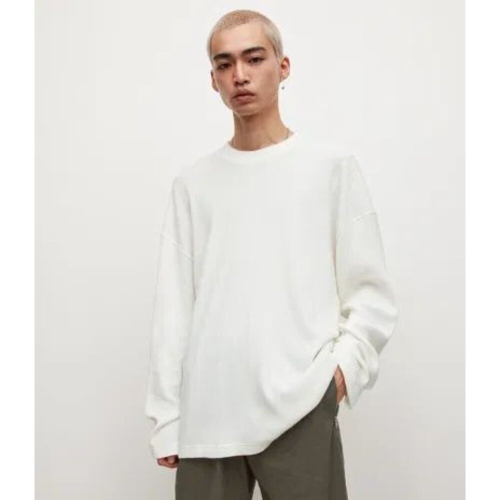 ALLSAINTS Men's Size XS Elias Oversized Waffle Knit Crew Neck Sweater White